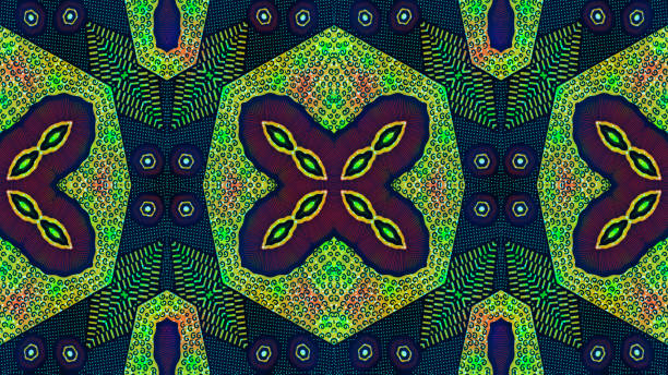 Multicolored African fabric, seamless and textured tribal pattern, geometric shapes, green, Bordeaux red, maroon, orange, blue and black colors